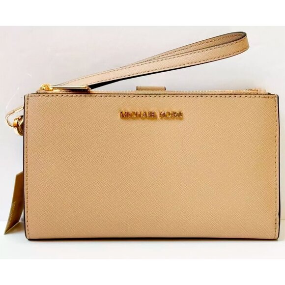S Michael Kors Jet Set Travel Double-Zip Wristlet Tan Leather Bisque NWT $278 - Picture 1 of 13